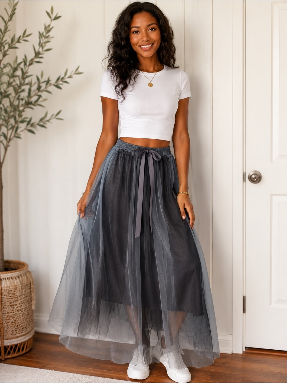 Sheer Layered Tulle Maxi Skirt - Charcoal